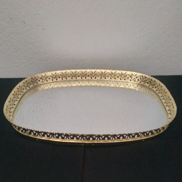 Vanity Tray Vintage Filagree Metal Mirrored - Picture 2 of 7
